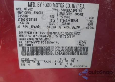 2002 Ford F-250 Lariat/Xl/Xlt z USA, uszkodzony, nr VIN 1FTNW21F52EB86384